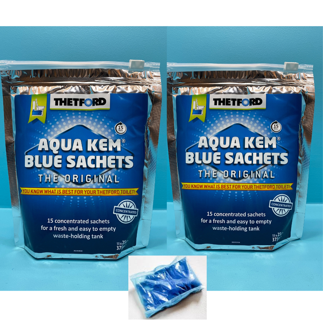 2 X THETFORD AQUA KEM BLUE SACHETS X 15. THE ORIGINAL BLUE FORMULA.