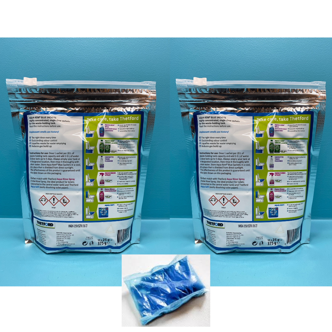 2 X THETFORD AQUA KEM BLUE SACHETS X 15. THE ORIGINAL BLUE FORMULA.