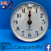 CARAVAN / POP TOP AA BATTERY POWERED CLOCK, WHITE FACE, SILVER LOOK BEZEL. JAYCO