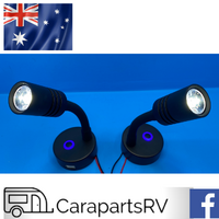CARAVAN / RV/ MARINE WHITEVISION BLACK LED WALL MOUNTED READING LIGHTS X 2 WITH USB PORT (1 PAIR)