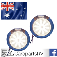 LED 12V CARAVAN CEILING LIGHTS IN COOL WHITE X 2 (1 PAIR). CHROME RING. PREWIRED.