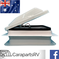 Caravan & Camper Trailer Hatch With 12V Fan &  Insect Screen. by Coast RV. 355 X 355mm