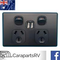 CARAVAN (Double Pole) BLACK Double Power Point with Twin USB Outlets. 