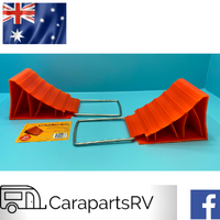 CARAVAN or RV WHEEL CHOCKS x 2 WITH BUILT IN ANTI THEFT SAFETY BAR (1 PAIR).