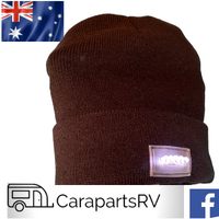 LED CAMPING BEANIE - BLACK. ONE SIZE FITS ALL. BATTERY INCLUDED. 5 X LED'S