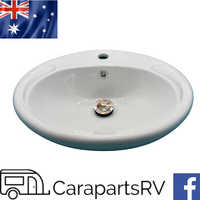 Oval White Caravan Vanity Basin Semi-Recessed Design with Plug and Waste. 510 x 430mm