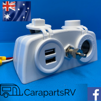 AREIAL / CES WHITE CIG SOCKET, USB & TV POINT CARAVAN SURFACE MOUNT HOUSING