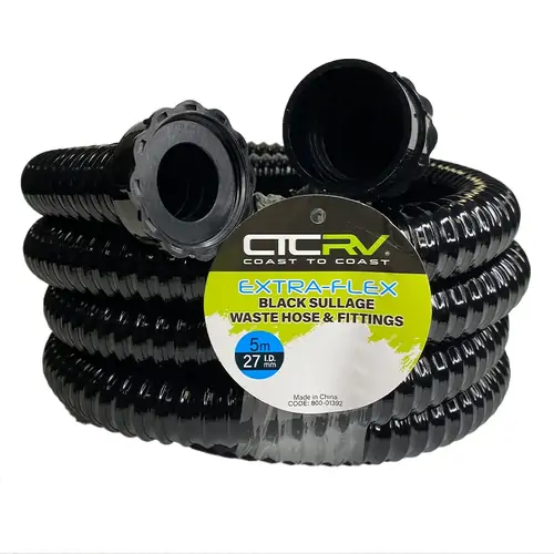 27mm ID x 5m Caravan Drain or Sullage Hose with 40mm fittings. Black & Non Kinking